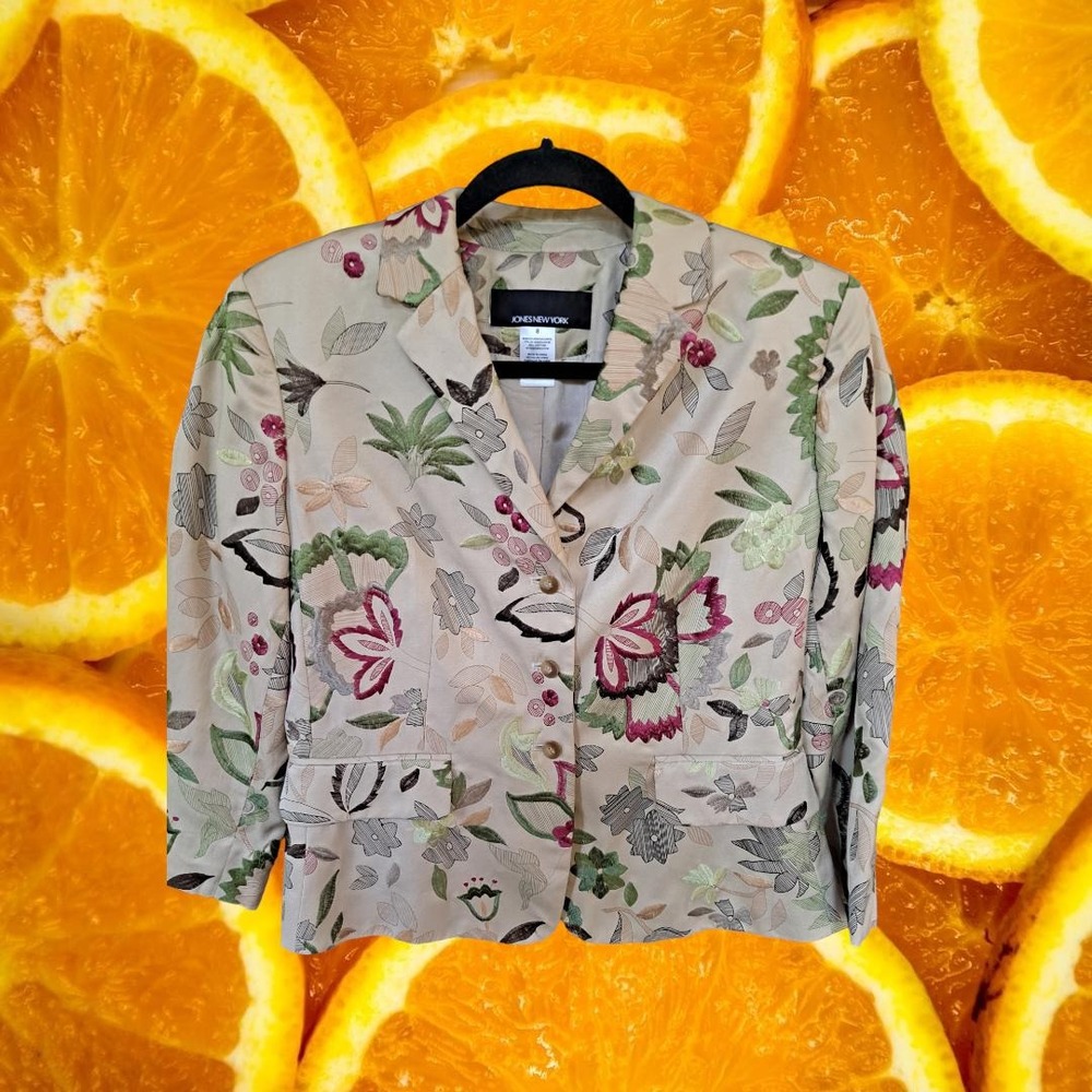 Jones New York Tan, Green and Pink Floral Blazer Size 8 RP